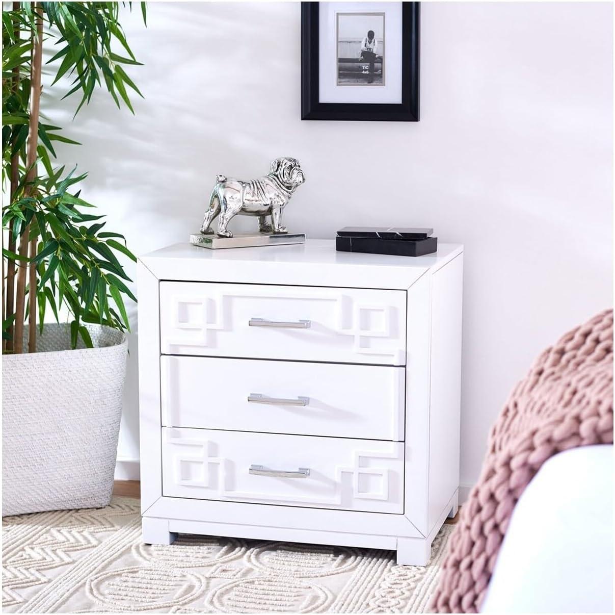 Raina 3 Drawer Greek Key Nightstand - FOX6278 - White/Silver - Safavieh Couture