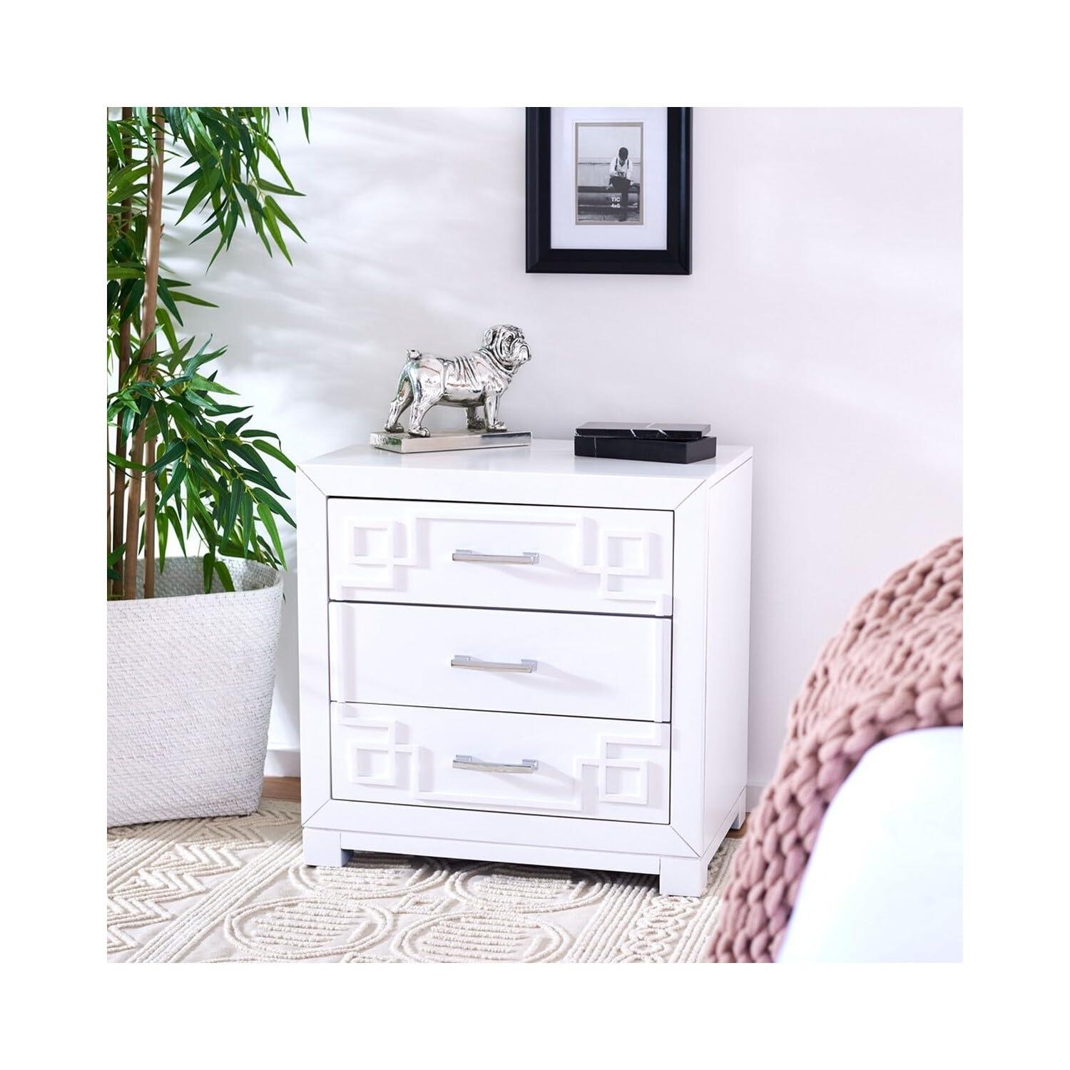 Raina 3 Drawer Greek Key Nightstand - FOX6278 - White/Silver - Safavieh Couture