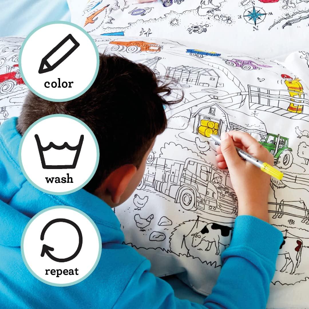 eatsleepdoodle Coloring Cotton Pillowcase with Washable Markers - Cars and Trucks Color in Activity Craft Kit for Boys and Girls Age 3+