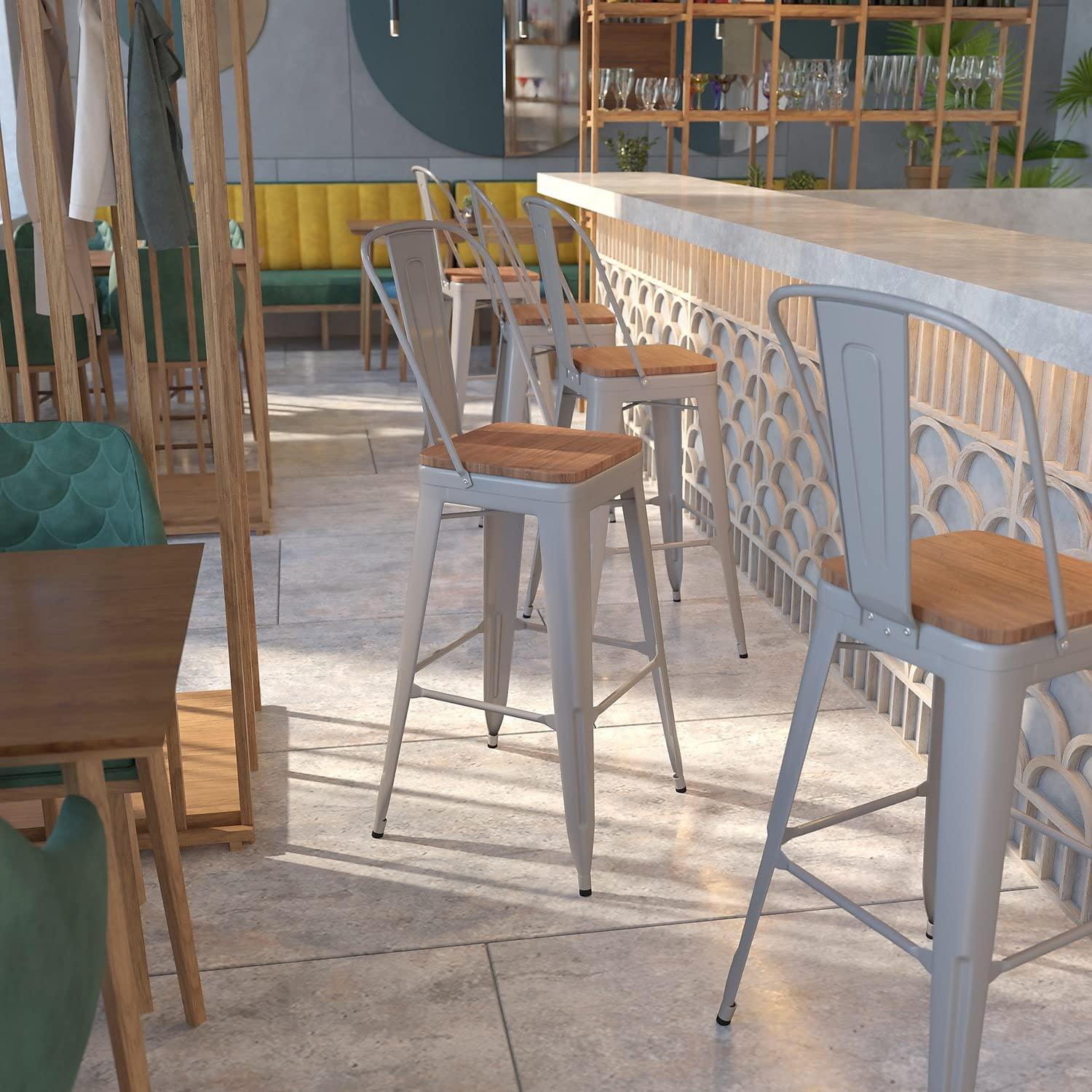 Flash Furniture 24" High Crystal Teal-Blue Metal Counter Height Stool with Back and Wood Seat