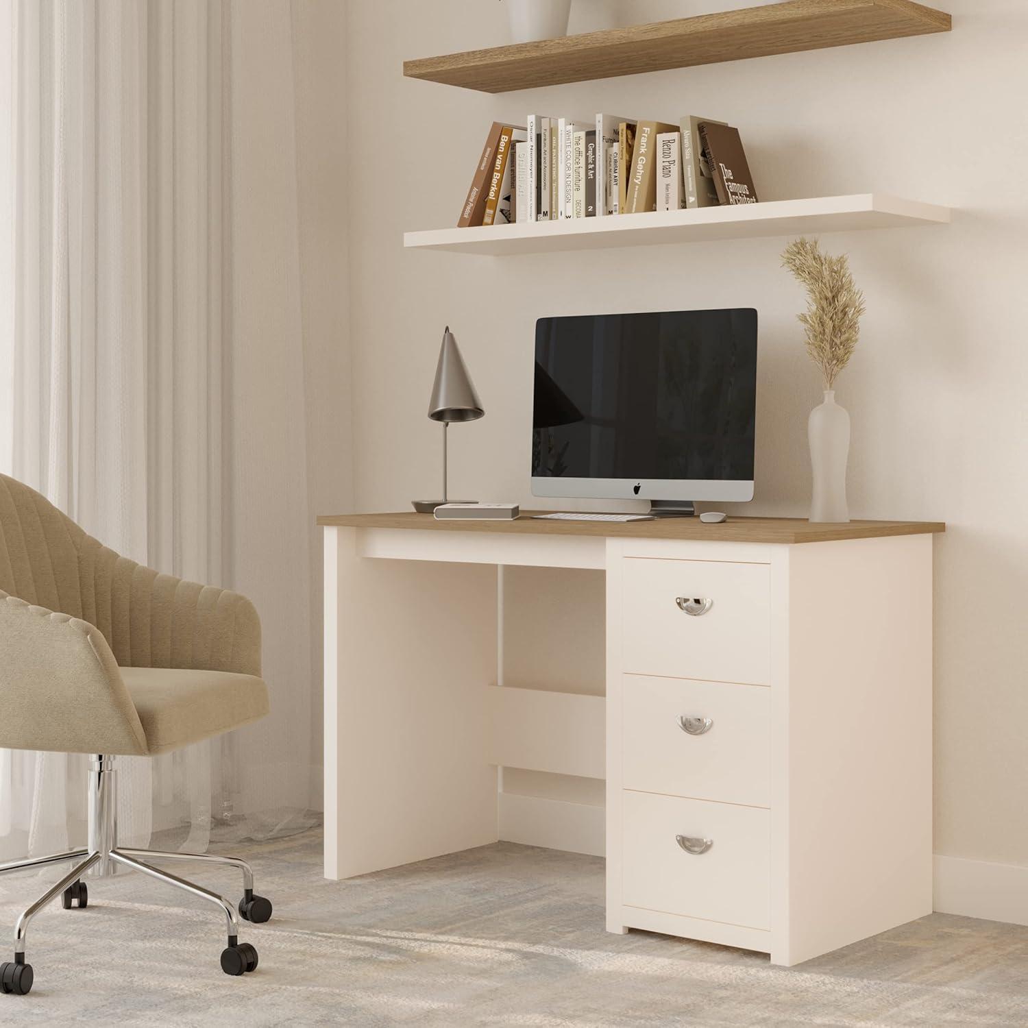 White Wood Computer Desk with 3-Drawer Filing Cabinet