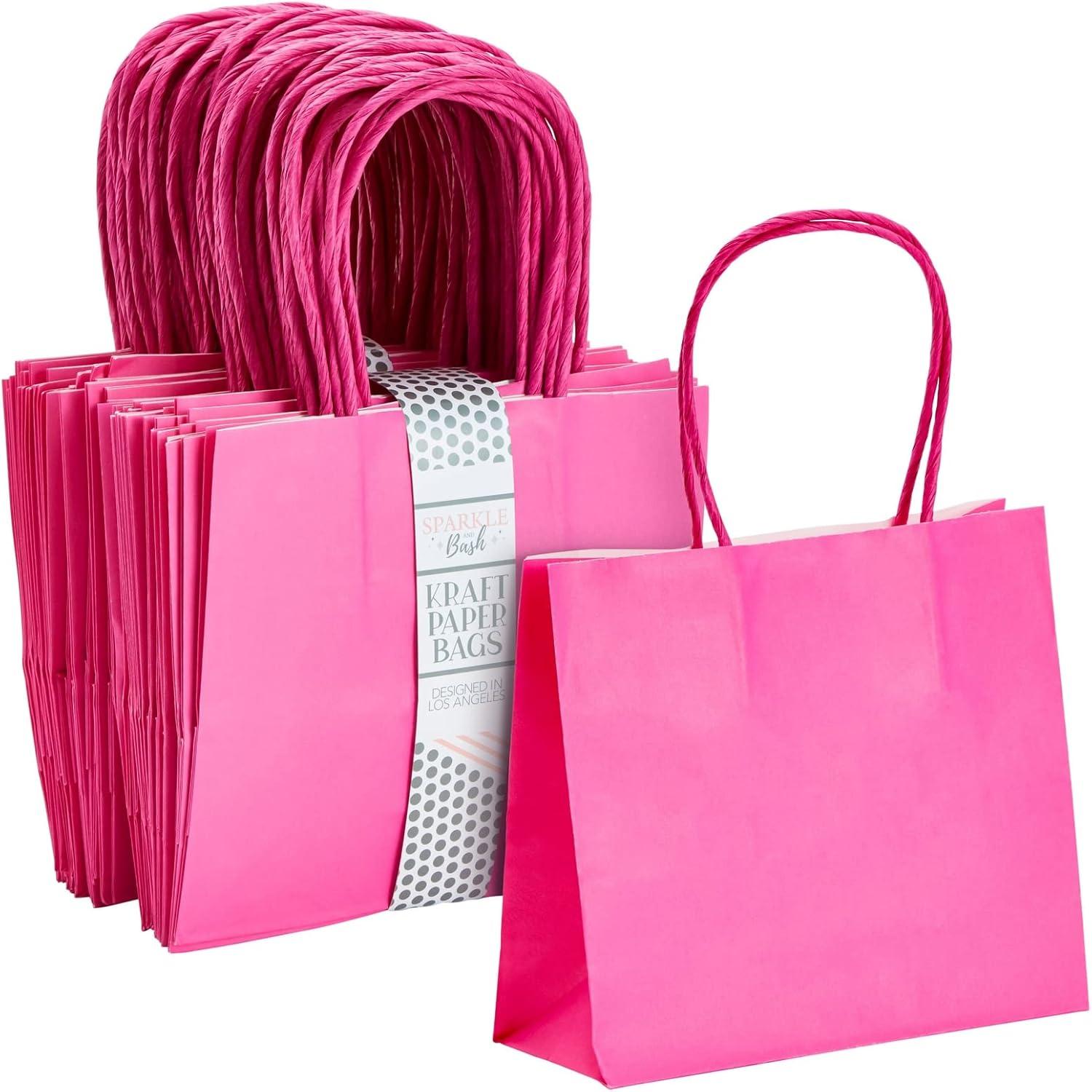 Sparkle and Bash 50 Pack Mini Pink Gift Bags with Handles, Bulk Kraft Party Favor Bags, 6 x 5 x 2.5 in