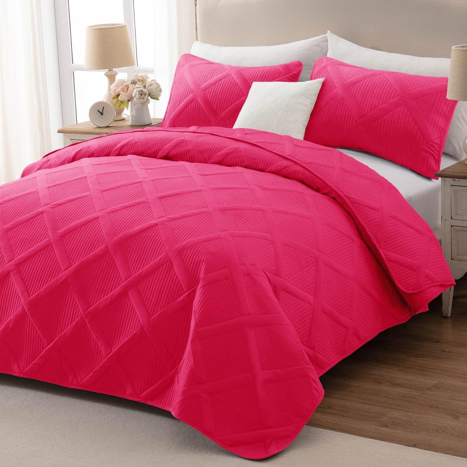 Exclusivo Mezcla Ultrasonic Twin Quilt Set, 2-Piece Lightweight Bedspreads Modern Striped Coverlet, Hot Pink