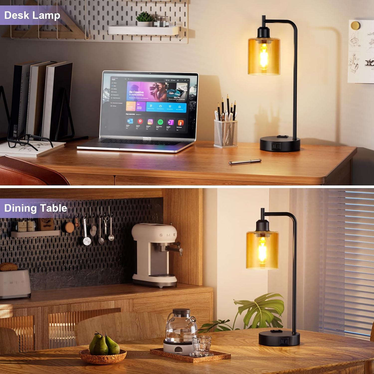 Latitude Run® Industrial Touch Table Lamps for Bedrooms Set of 2 - 3-Way Dimmable Nightstand Lamps with USB C+A Ports and Outlet, Bedside Lamps with Glass Shade for Living Room, Desk Lamps for Home Office