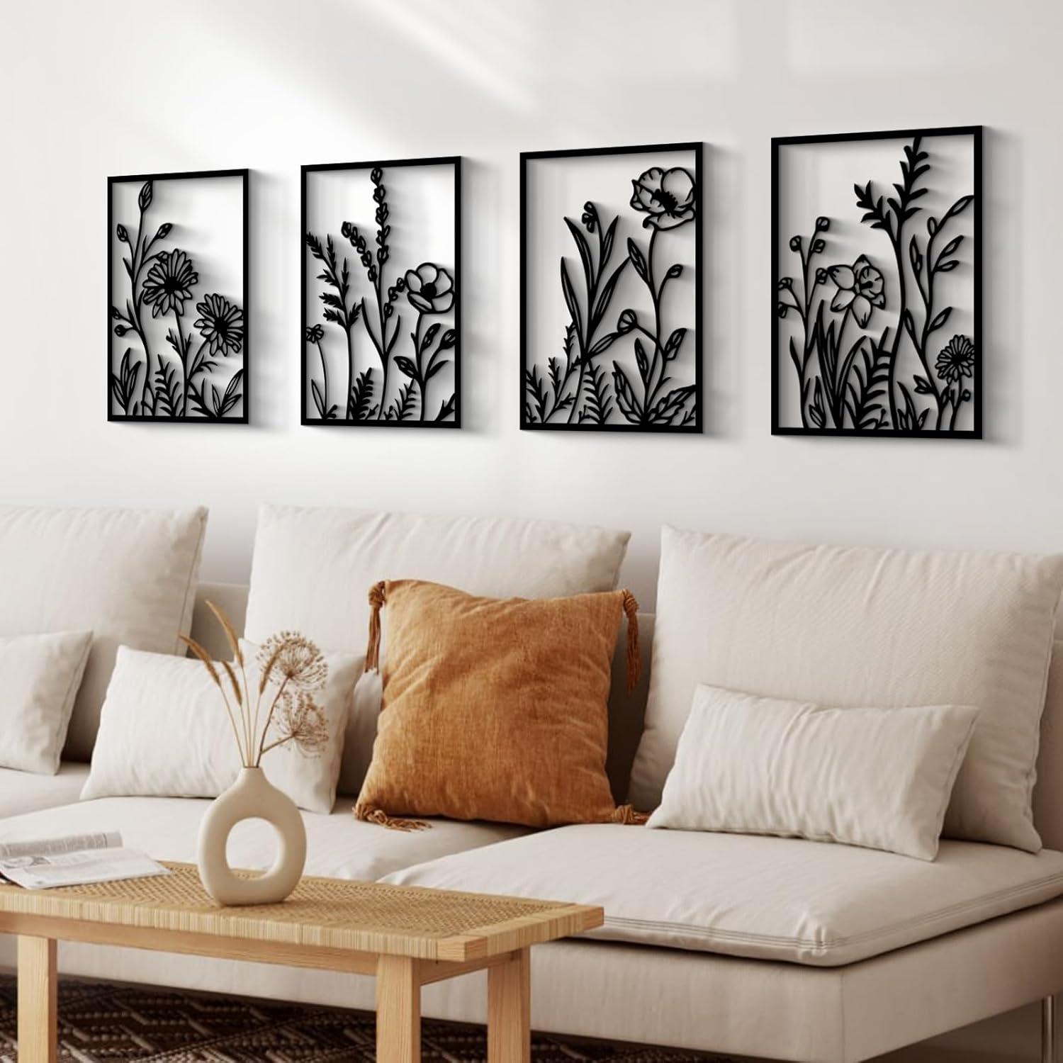 Winston Porter 4 Pcs Black Abstract Flowers Metal Wall Art, 17 X 12'' Minimalist Floral Single Line Wall Décor, 3D Textured Sculptures, Rustic Nature Wall Art Décor For Living Room, Bedroom, Study (Set of 4)