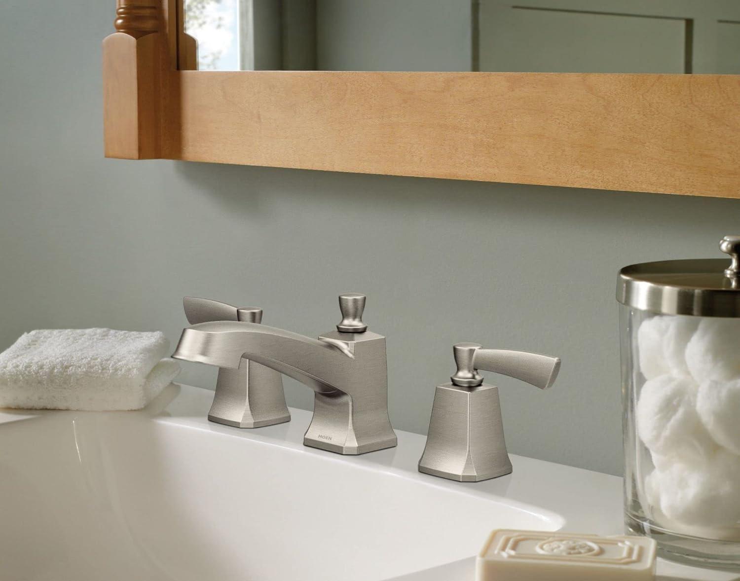 Spot Resist Brushed Nickel Double Handle Low Arc Bathroom Faucet