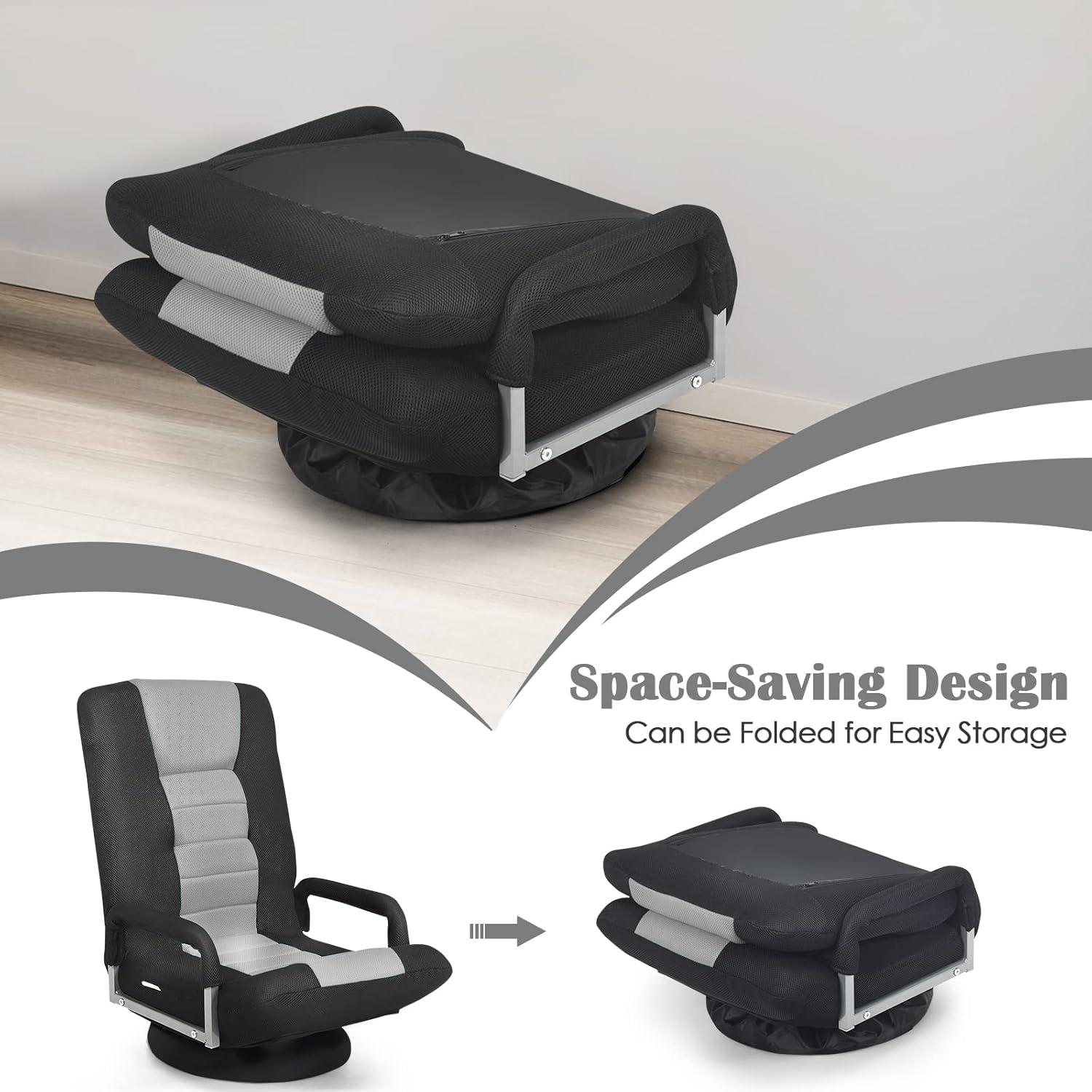 360-Degree Swivel Gaming Floor Chair with Foldable Adjustable Backrest Grey