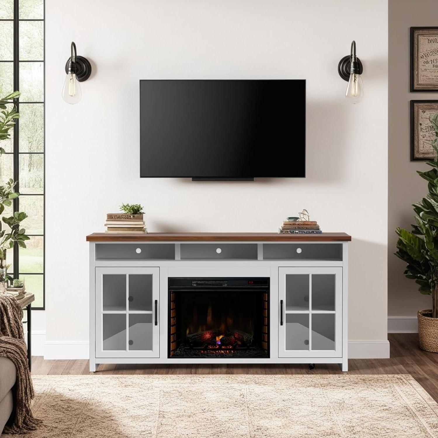 Hampton 74" White Wood TV Stand with Fireplace