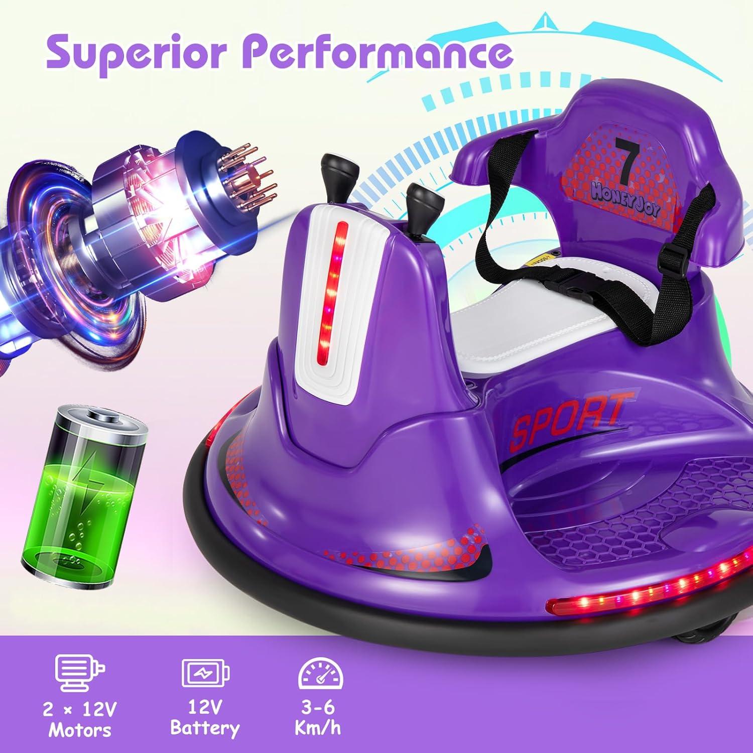 Honeyjoy 12V Bumper Car for Kids Toddlers Electric Ride On Car Vehicle with 360° Spin Purple