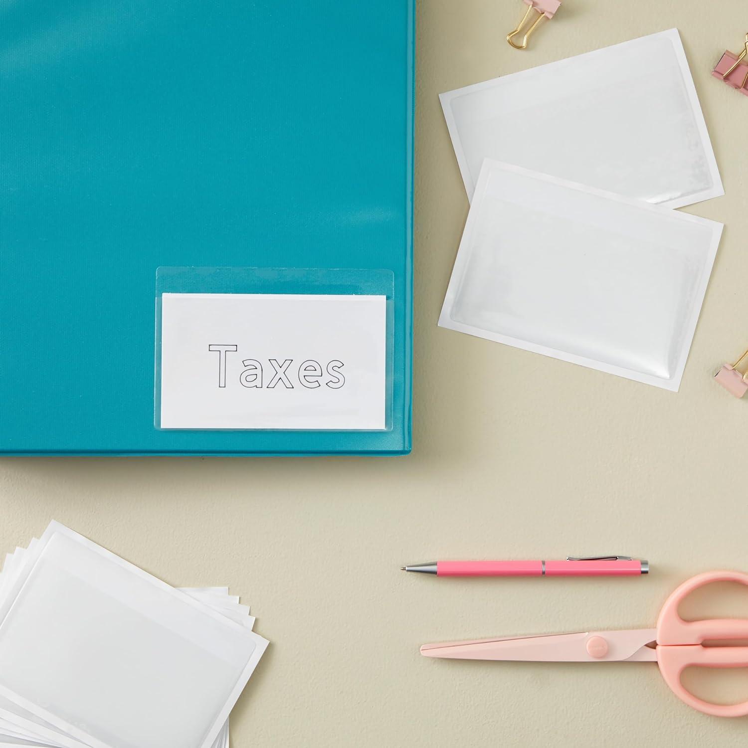 Juvale 100 Pack Clear Pockets Sleeves for Index Cards 3x5, Bulk Self-Adhesive Top Load Label, Plastic Holder Protectors for Office Storage Supplies