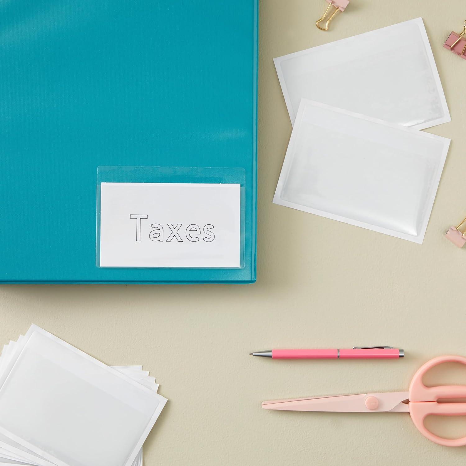 Juvale 100 Pack Clear Pockets Sleeves for Index Cards 3x5, Bulk Self-Adhesive Top Load Label, Plastic Holder Protectors for Office Storage Supplies