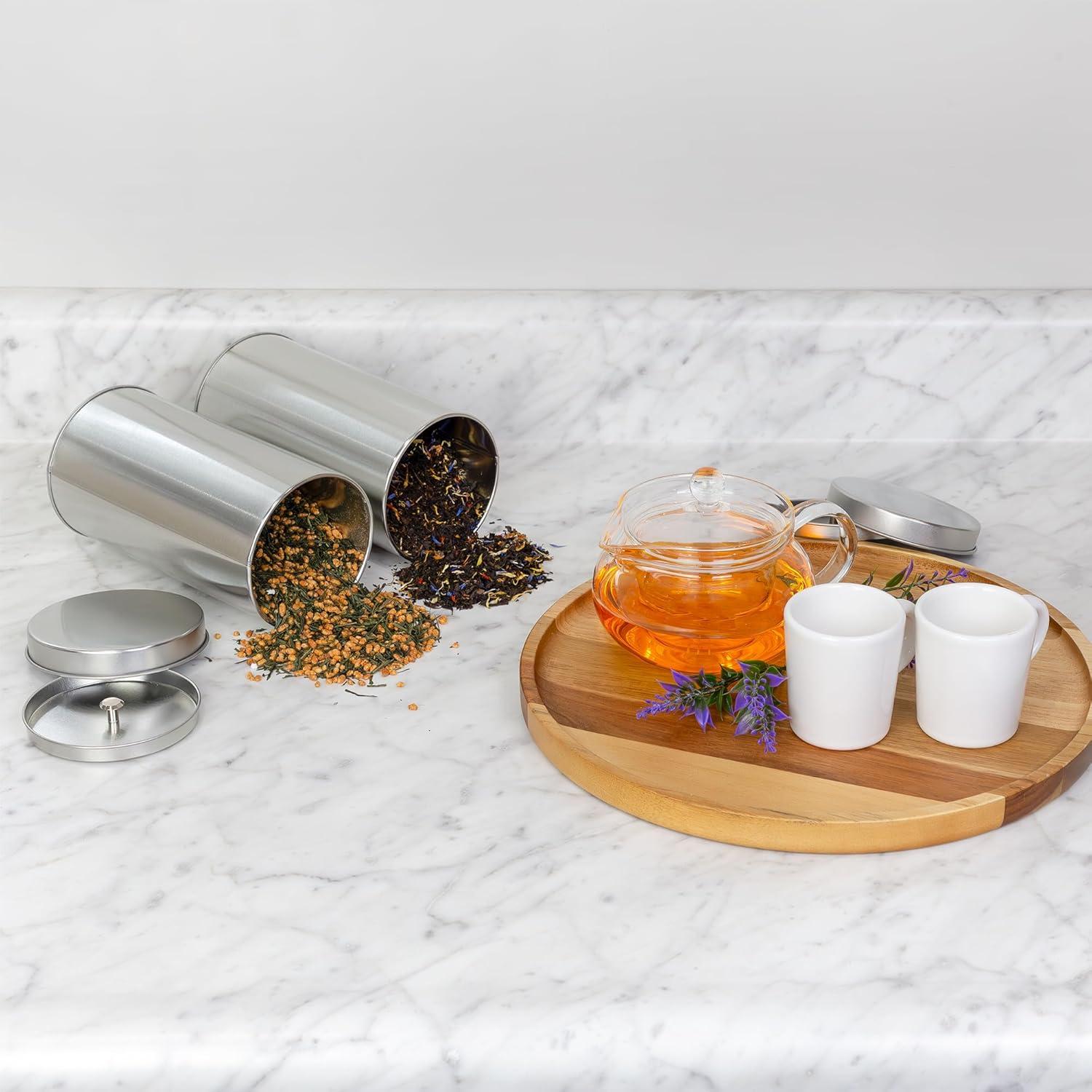 Solstice Large Double Seal Tea Canisters 4pk; Round Metal Containers with Interior Seal Lid