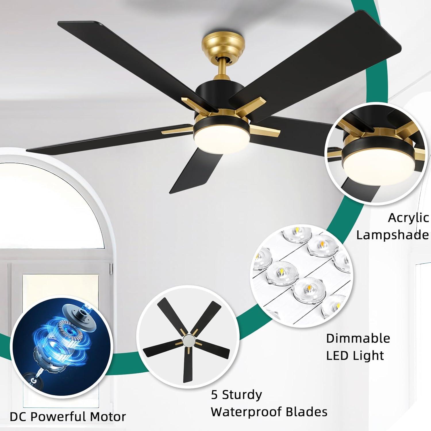 Ulker 52'' 5-Blade Indoor Downrod Mount Ceiling Fan with LED Light and Remote