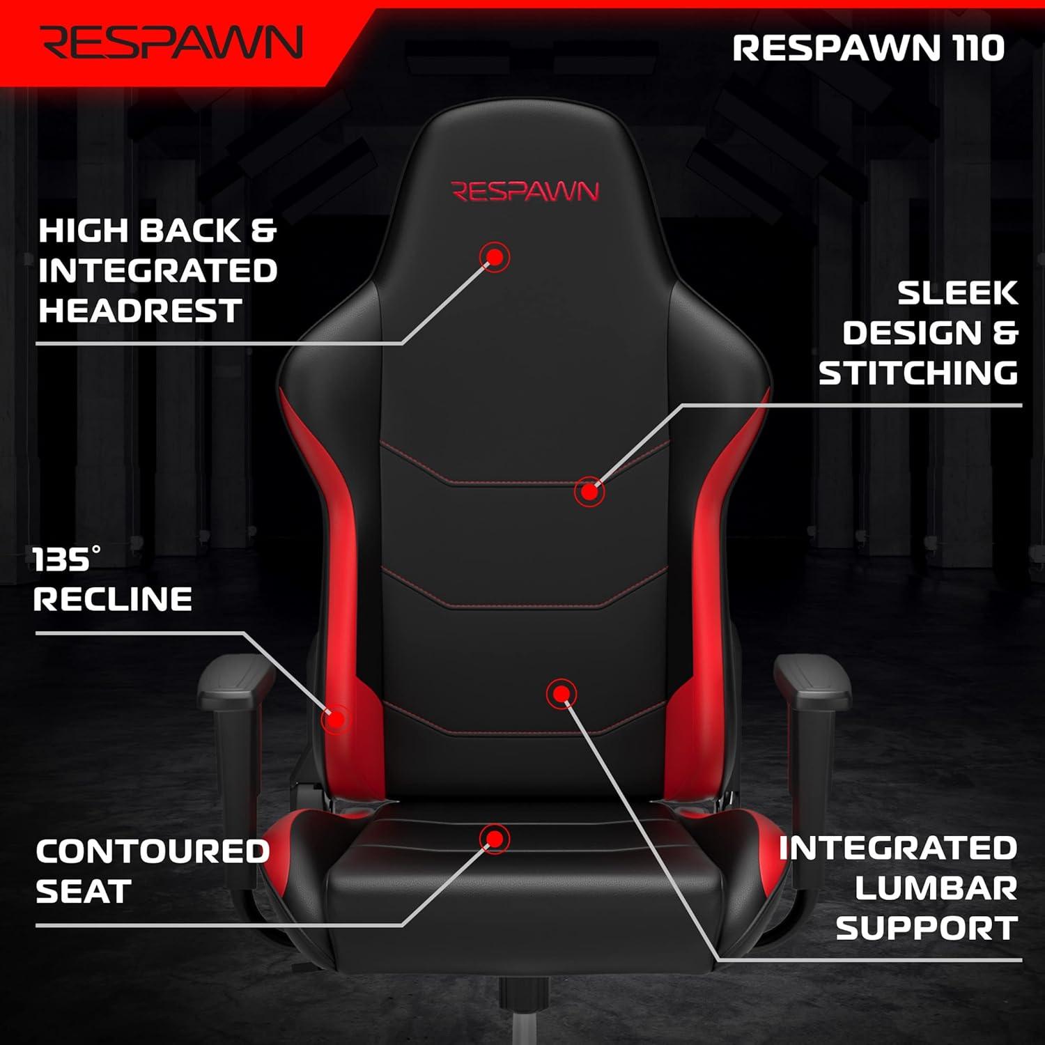 RESPAWN 110 Gaming Chair - Gamer Chair PC Computer Chair, Ergonomic Gaming Chairs, Office Chair with Integrated Headrest, Gaming Chair for Adults 135 Degree Recline with Angle Lock