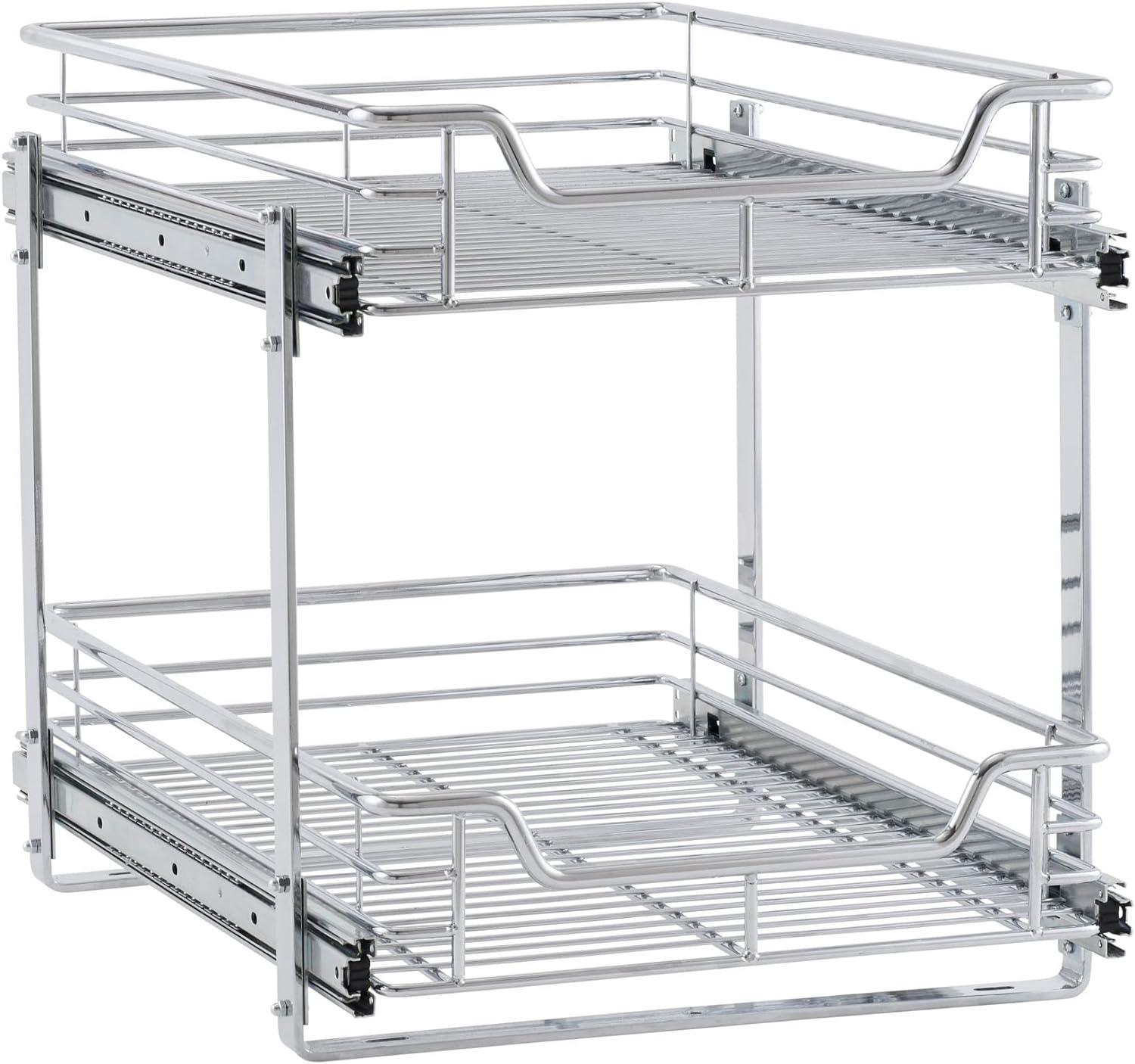 Household Essentials Glidez Multipurpose Chrome-Plated Steel Pull-Out/Slide-Out Basket Storage Organizer for Under Cabinet Use - 2-Tier Design - Fits Standard Size Cabinet or Shelf, Chrome