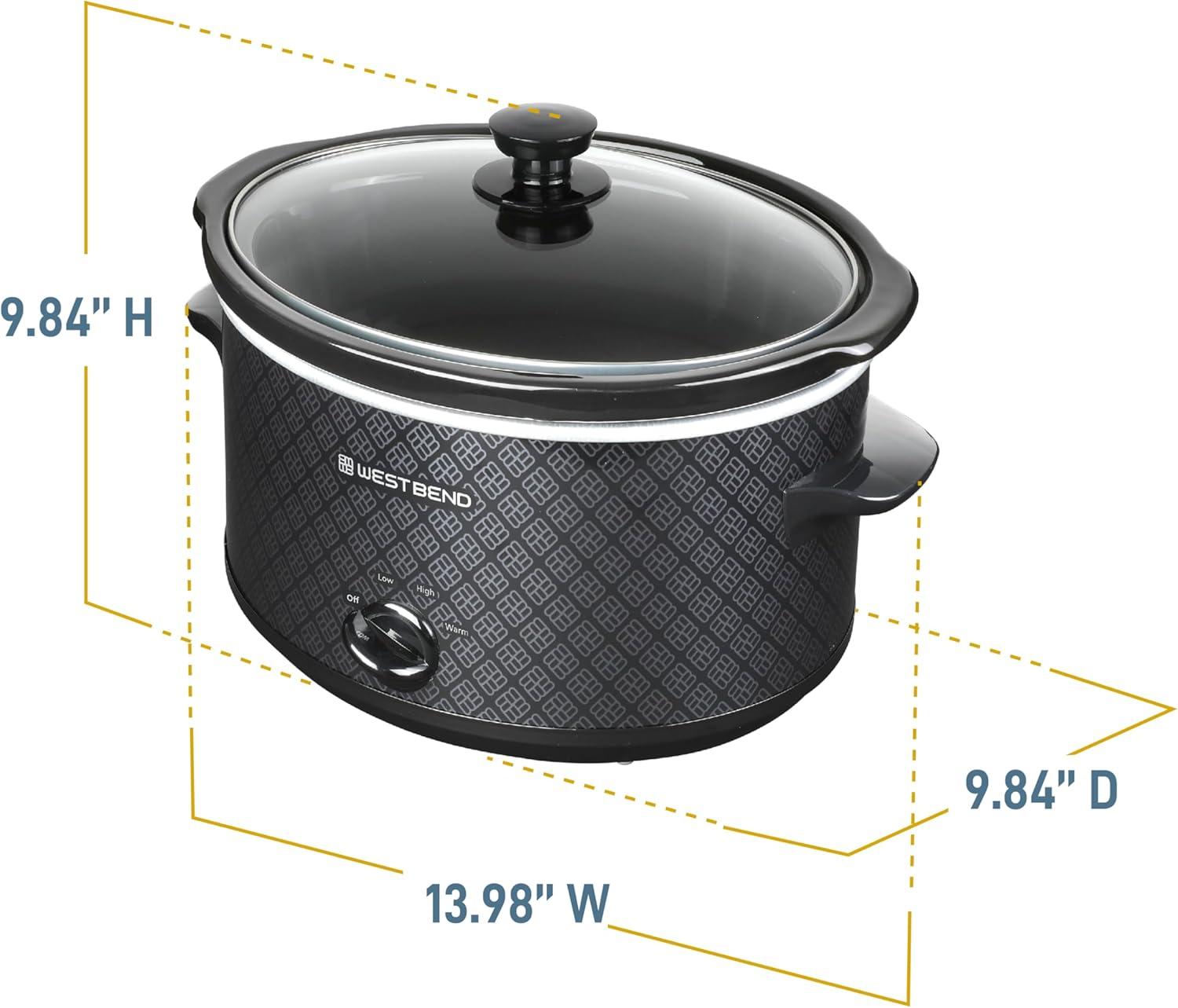 West Bend Slow Cooker 4-Quart Manual Crockery Style with Oval Ceramic Crockpot and Glass Lid, 210-Watts, Black