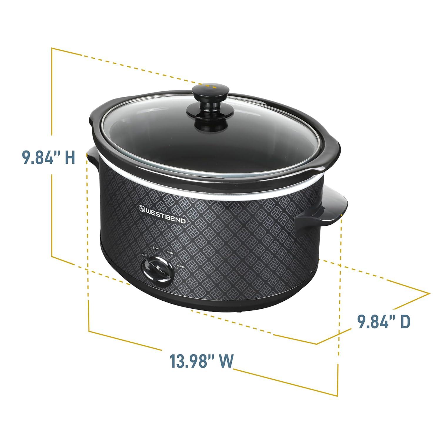 West Bend Slow Cooker 4-Quart Manual Crockery Style with Oval Ceramic Crockpot and Glass Lid, 210-Watts, Black