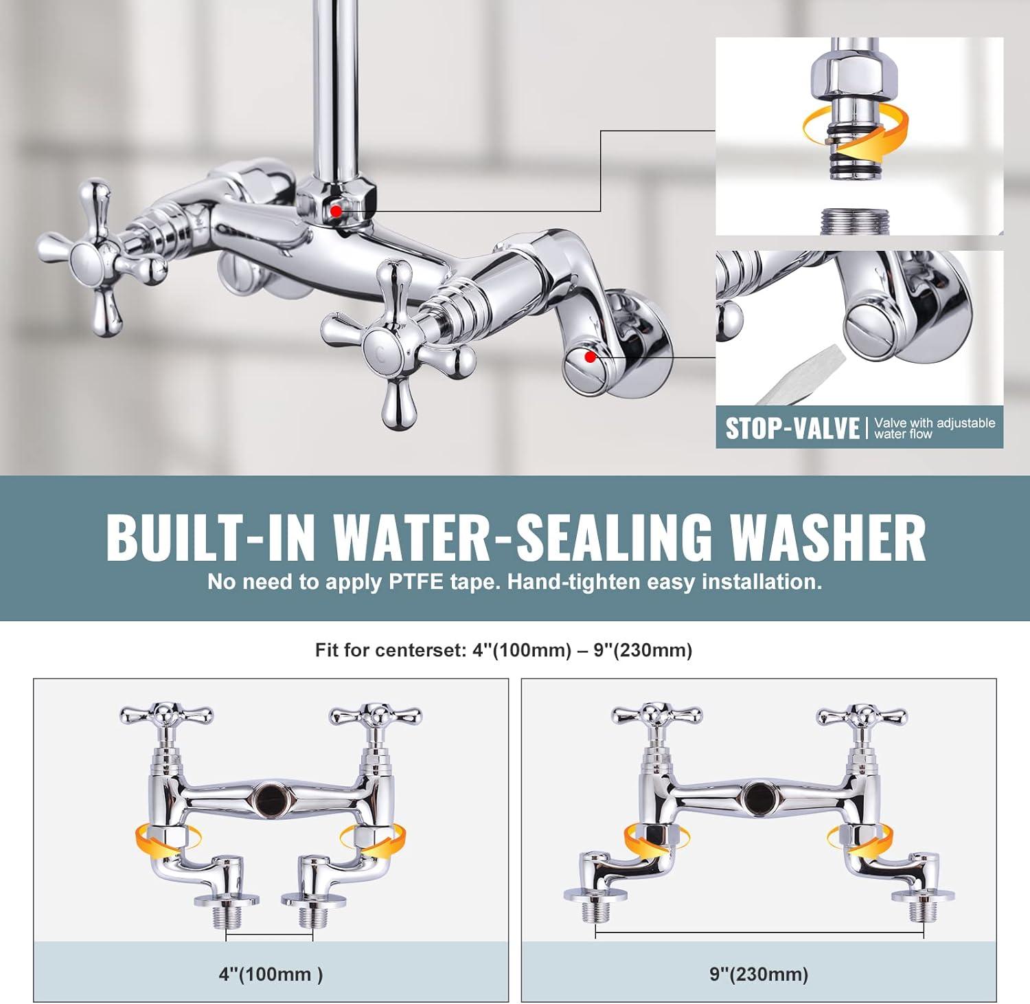 26 in. Commercial 3-Handle Pull Down Kitchen Faucet Wall Mount with Pre Rinse Sprayer in Chrome