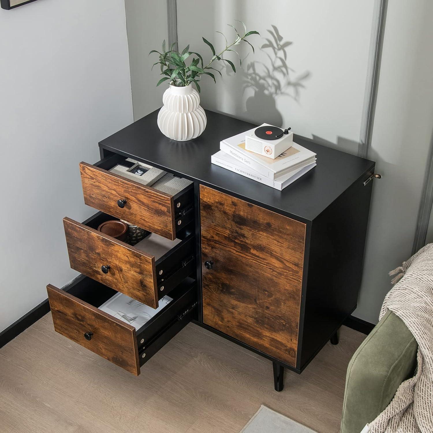 Industrial Brown Wood Accent Cabinet with Drawers and Door