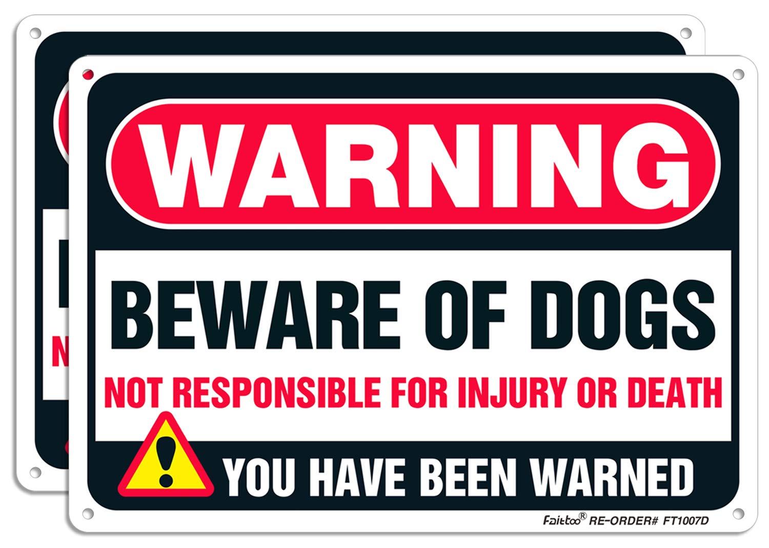 2Pack Beware of Dog Sign, You Have Been Warned No Responsible for Injury or Death - Indoor/Outdoor Fence Use - Metal Aluminum Rust Free | 7" x 9.8" Pre-Drilled Holes, Fade Resistant, Weatherproof