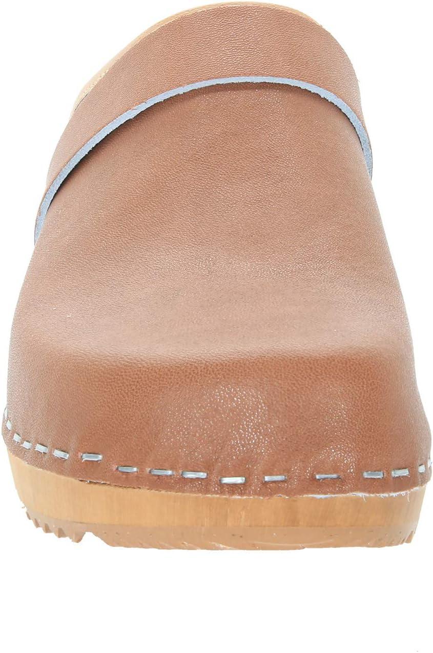 Brown Genuine Leather Open Back Clogs with Wood Sole