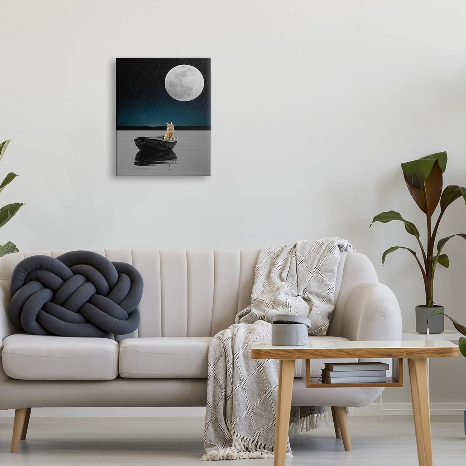 Stupell Industries Orange Cat Floating Rowboat Nighttime Moon Lake Scene , 16 x 20, Design by Atelier Posters