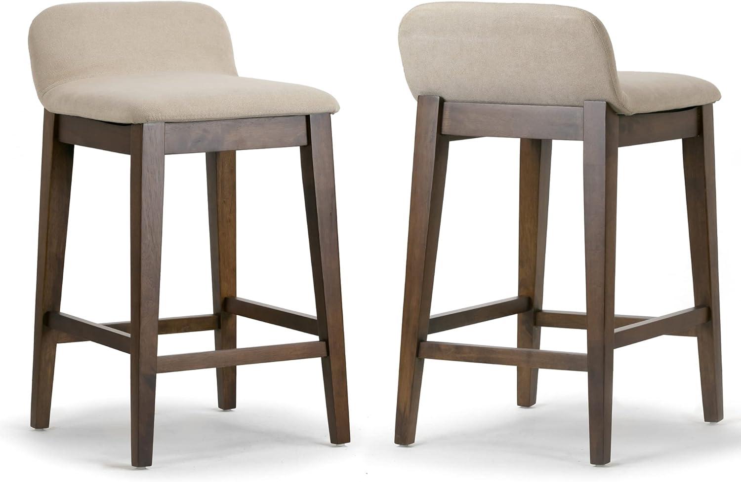 Set of 2 Dark Brown Wood Counter Stools with Beige Fabric Seats