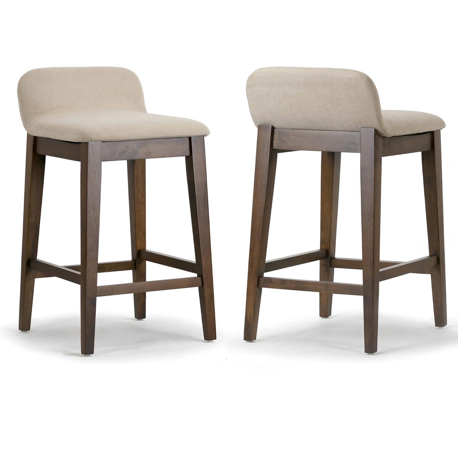 Set of 2 Dark Brown Wood Counter Stools with Beige Fabric Seats