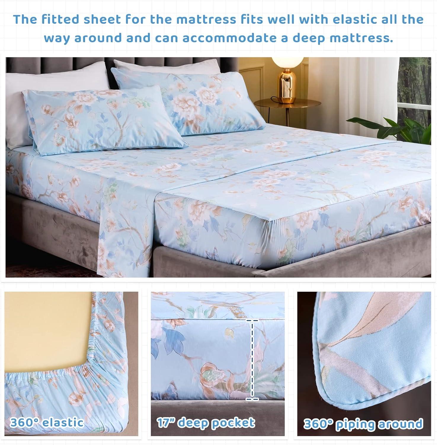 QSH Floral Queen Size Sheet Sets - Yellow Wild Flower Botanical Pattern Egyptian Cotton Printed Bedding Sheets Set Queen Size Bed Extra Breathable 4pcs Queen Sheet Set Deep Pocket 17.5"