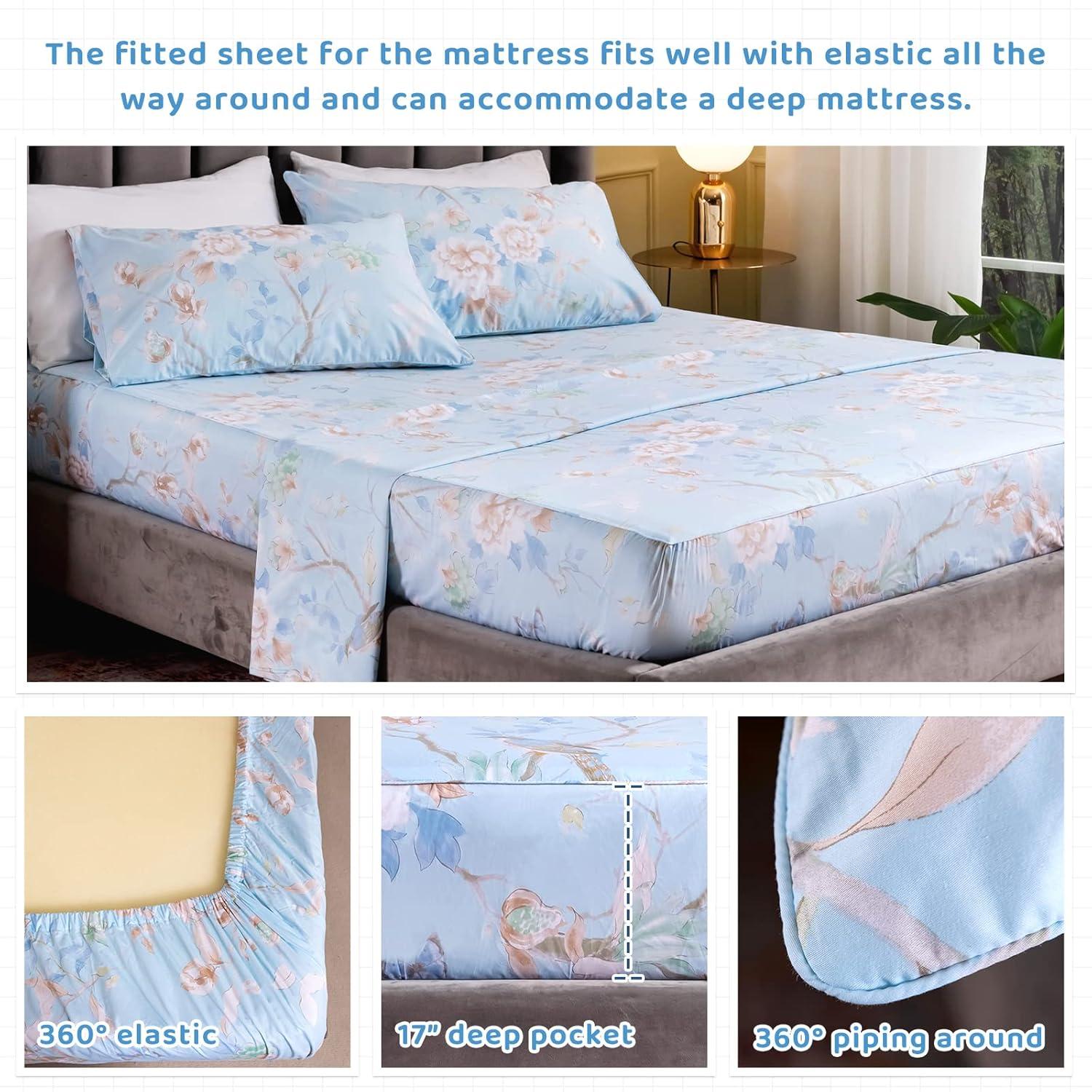 QSH Floral Queen Size Sheet Sets - Yellow Wild Flower Botanical Pattern Egyptian Cotton Printed Bedding Sheets Set Queen Size Bed Extra Breathable 4pcs Queen Sheet Set Deep Pocket 17.5"