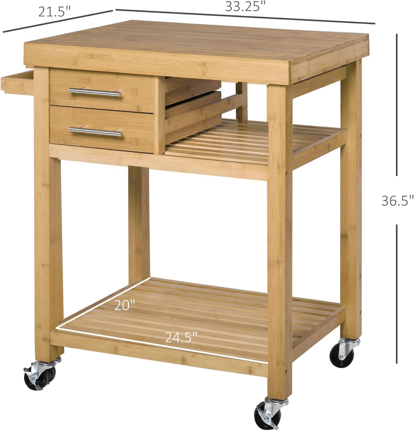 HomCom Bamboo Rolling Kitchen Island Trolley Utility Cart on Wheels, 2 Storage Drawers and Adjustable Shelving with Towel Rack