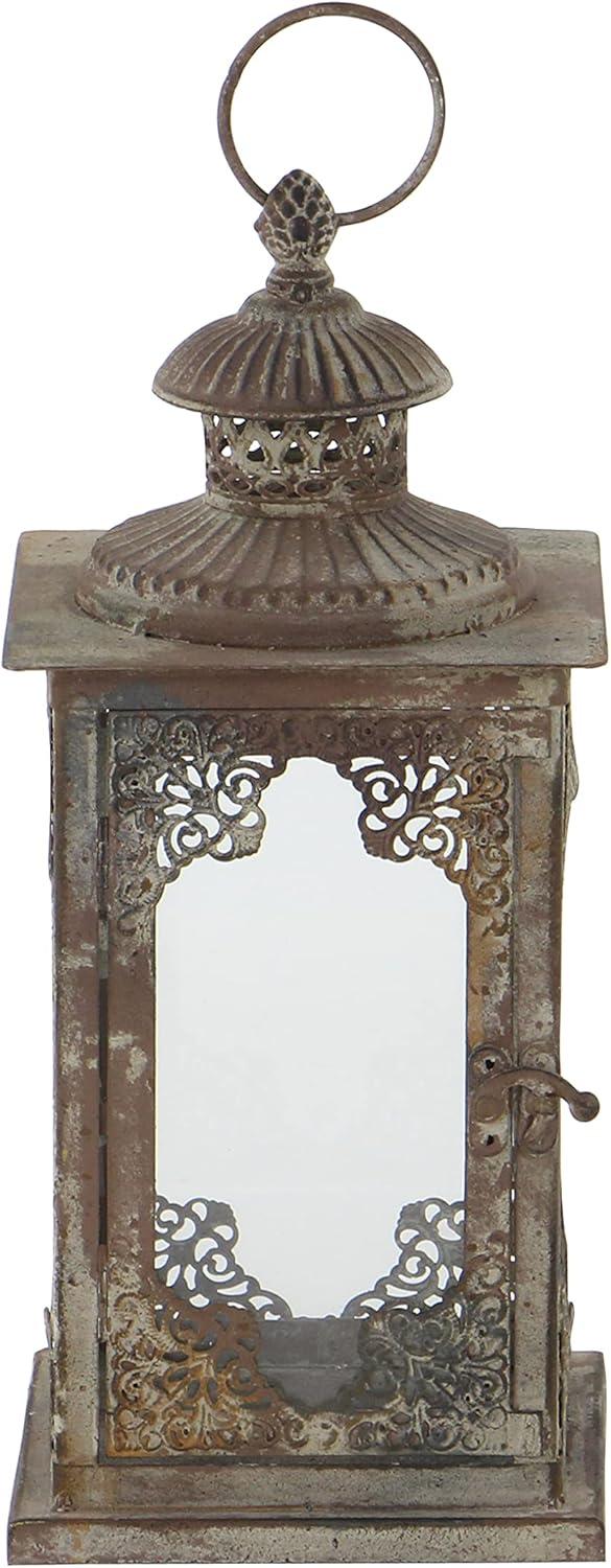 Elegant Tarnished Gray Iron and Glass Tabletop Lantern