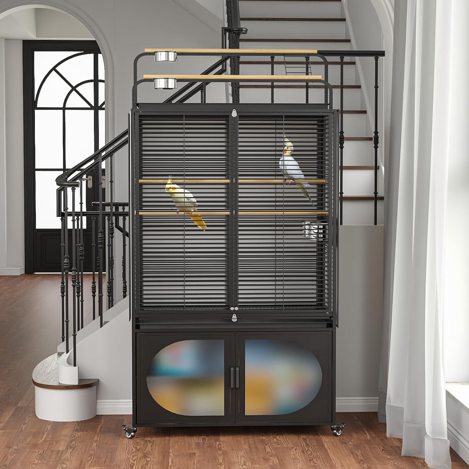GDLF 72-Inch Bird Cage With Play Top and Rolling Storage Cabinet Extra Large With Cover for Parrot, Parakeet, Cockatiel, Budgie , Parrotlet, Green Cheek Conure