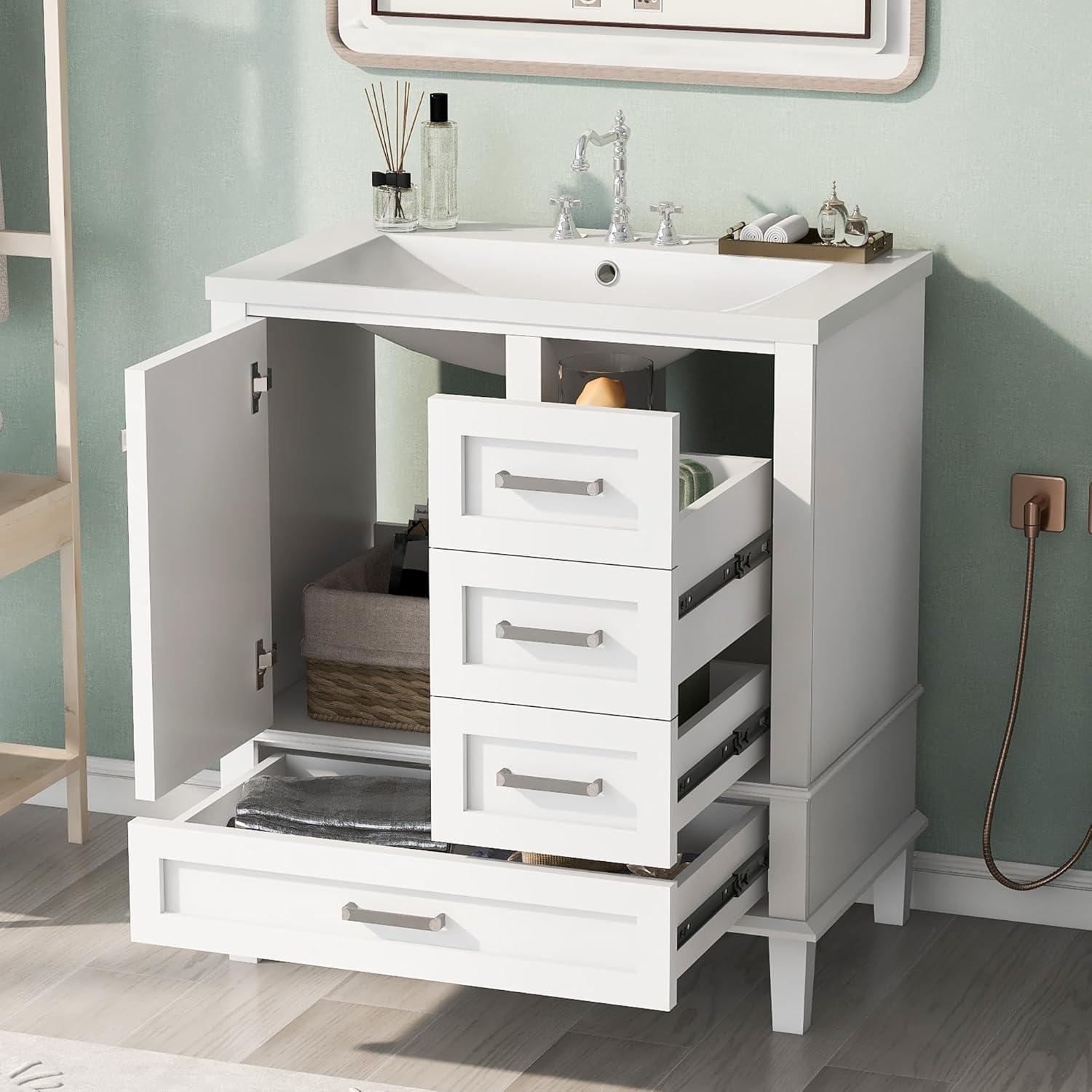 Merax 30 in Bathroom Vanity with Sink,3 Drawers and 4 Doors,Wood Single Sink Bathroom Vanity,Modern White Bathroom Vanities Sink Cabinet Floor Standing with Sink Combo Set
