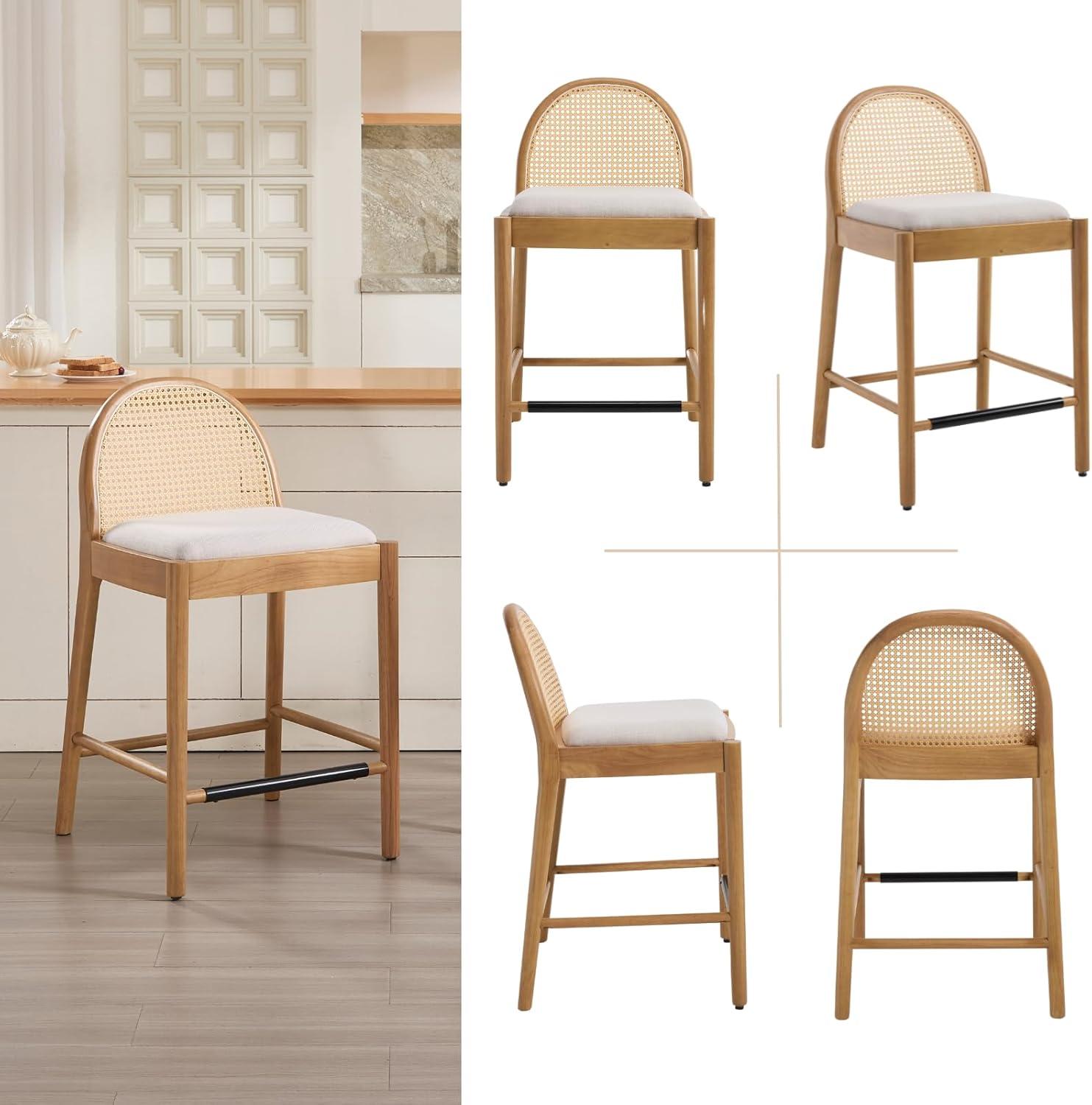 Bayou Breeze Emington Modern Stools with Rattan Backrests and Wood Frame (Set of 2)