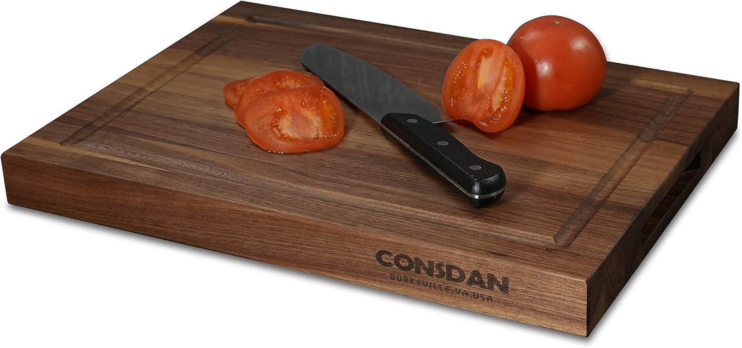 CONSDAN Black Walnut Butcher Block Cutting Board with Invisible Inner Handles, USA Grown Hardwood, 1-1/2" Thick, 16" L x 12" W