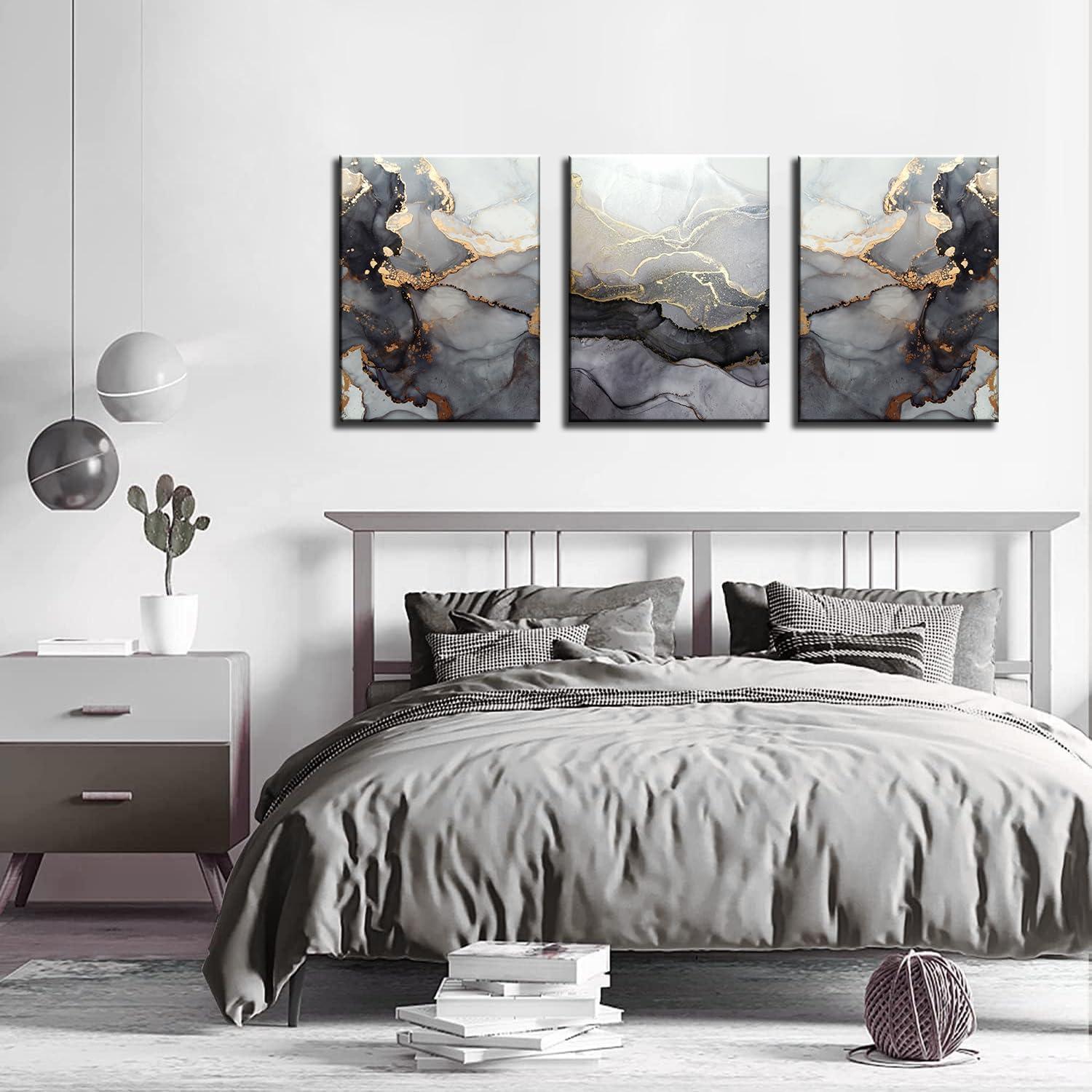 3Pcs Abstract Marble Wall Art Black and Gold Bathroom Decor Nordic Watercolor Gray White Fluid Ink Lines Canvas Picture Contemporary Painting Artwork for Living Room Bedroom Office Home Decor