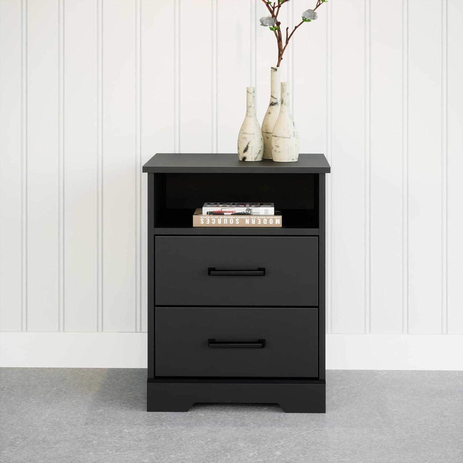 Prepac Rustic Ridge Farmhouse Nightstand with 2 Drawers and Open Shelf Black