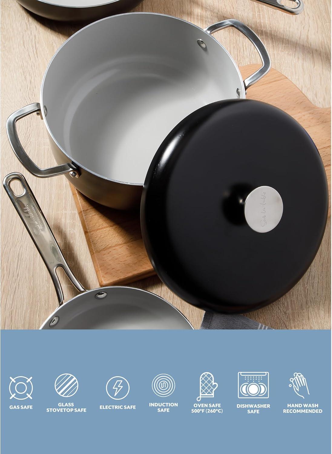 Sur La Table Kitchen Essentials Sur La Table Kitchen Essentials Potluck Porch Aluminum Dutch Oven Pot With Aluminum Lid PFA FREE Ceramic Interior Cookware Pot - Induction - Black
