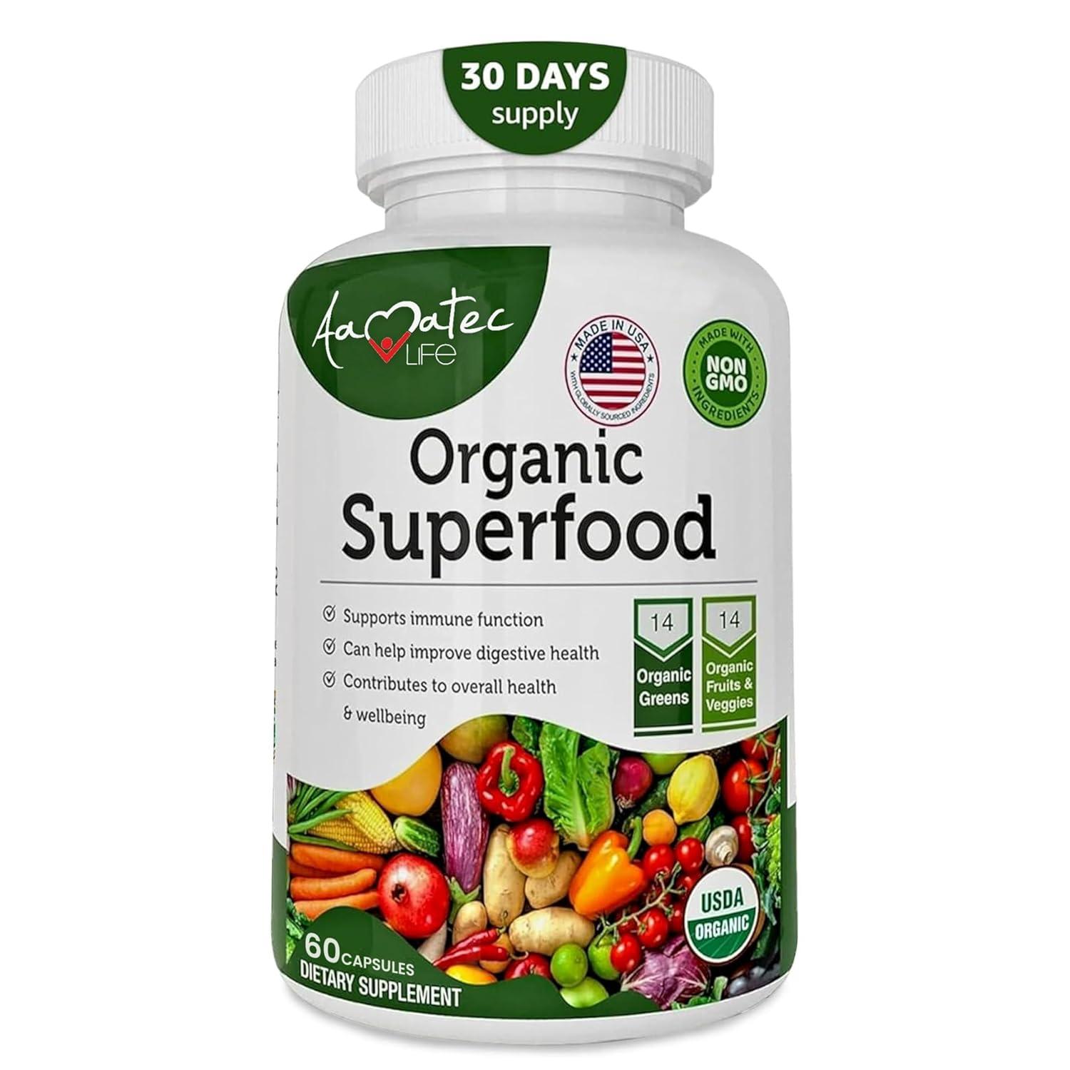 Organic Superfood Greens Fruits and Veggies Complex - Dietary Supplement with 14 Greens and 14 Fruits & Vegetables with Alfalfa Rich in Antioxidant Organic Ingredients Non-GMO 60 Capsules
