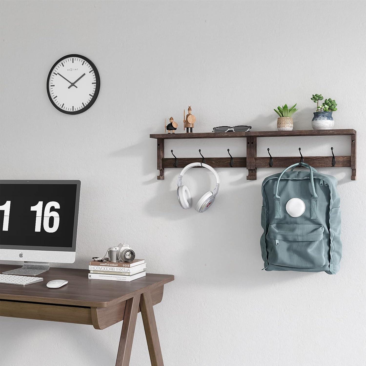 Brown Wood Wall-Mounted Entryway Shelf with Hooks