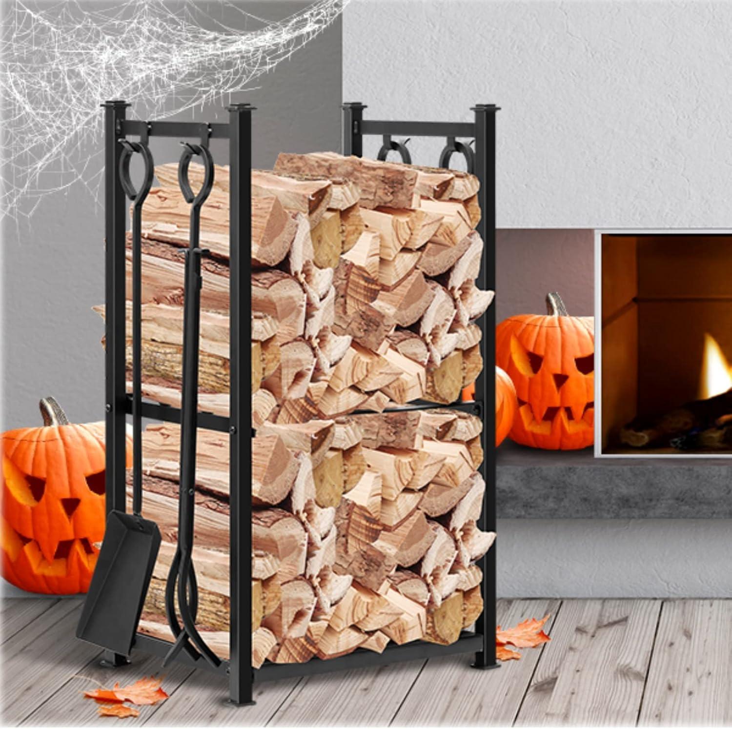 Black Wrought Iron Firewood Rack with Tools Set