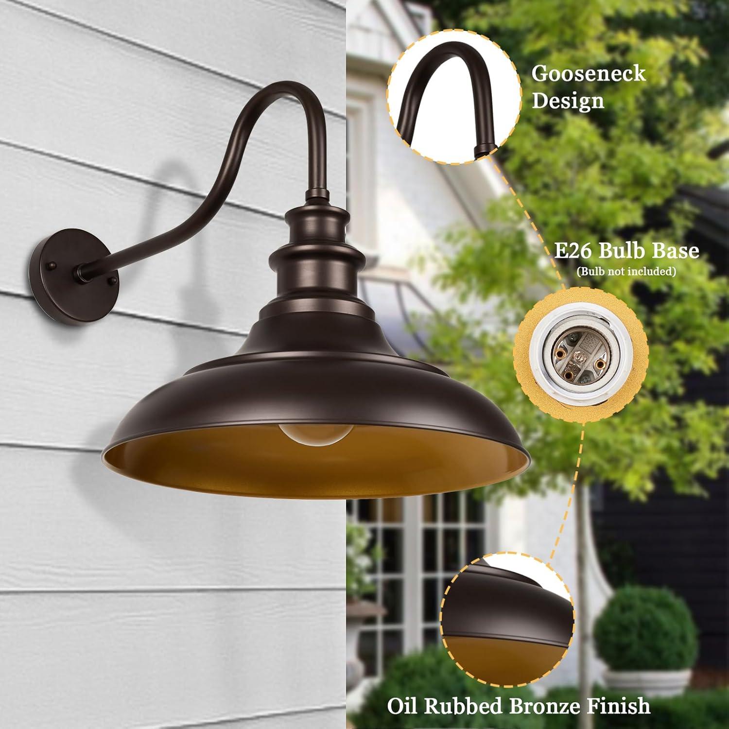 VIANIS Dusk to Dawn Barn Lights, 2 Pack Brown Gooseneck Outdoor Light Fixture, Farmhouse Outdoor Wall Lights for House, Porch, Entryway, Garage