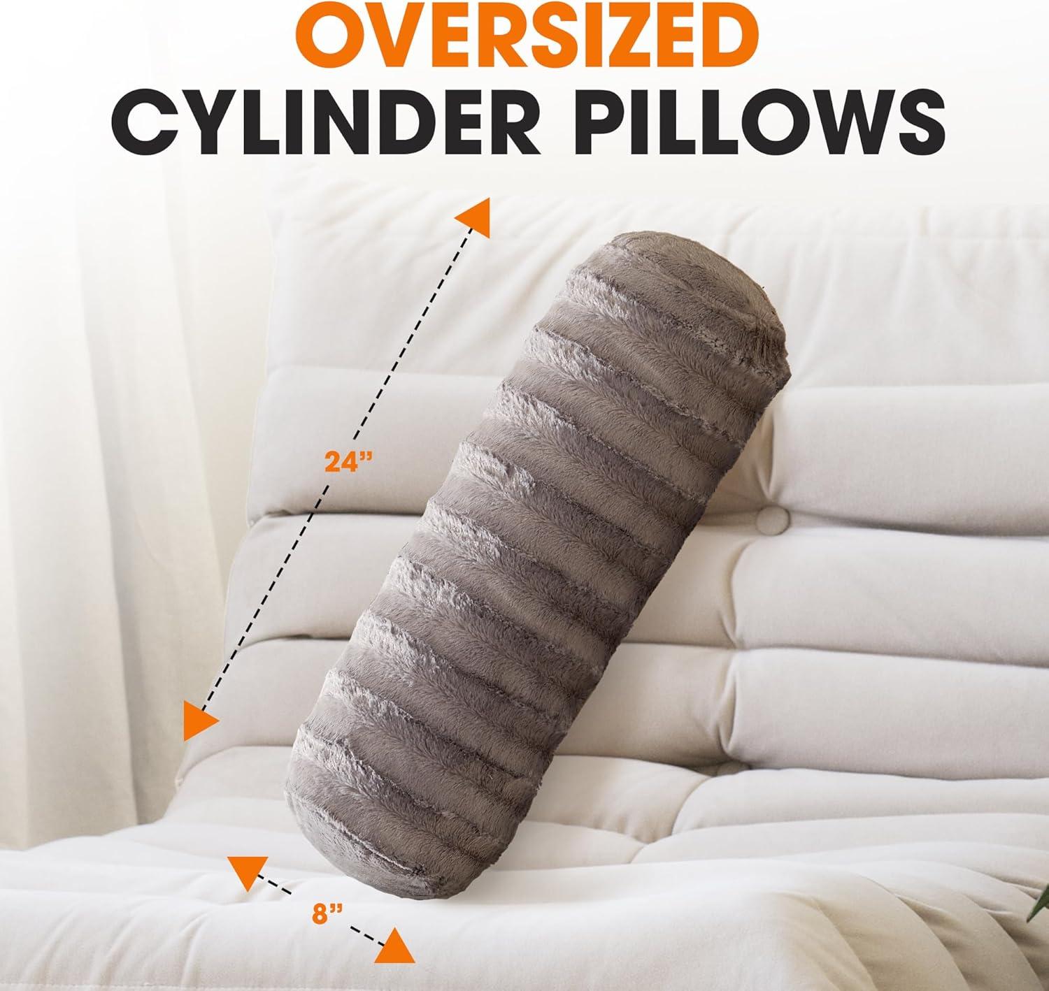 Cheer Collection Decorative Faux Fur Bolster Pillows Set of 2 - Gray (8" x 24")