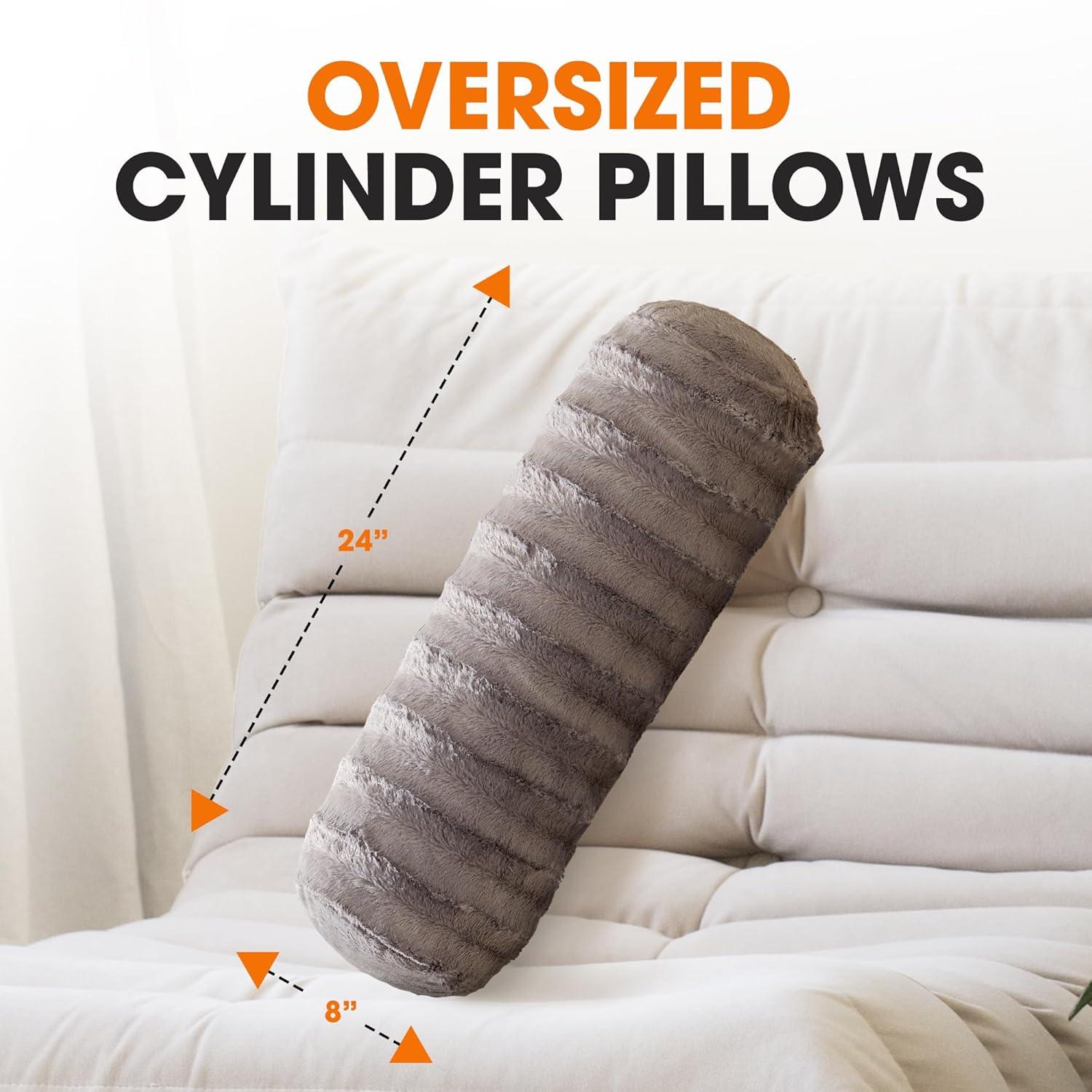 Cheer Collection Decorative Faux Fur Bolster Pillows Set of 2 - Gray (8" x 24")