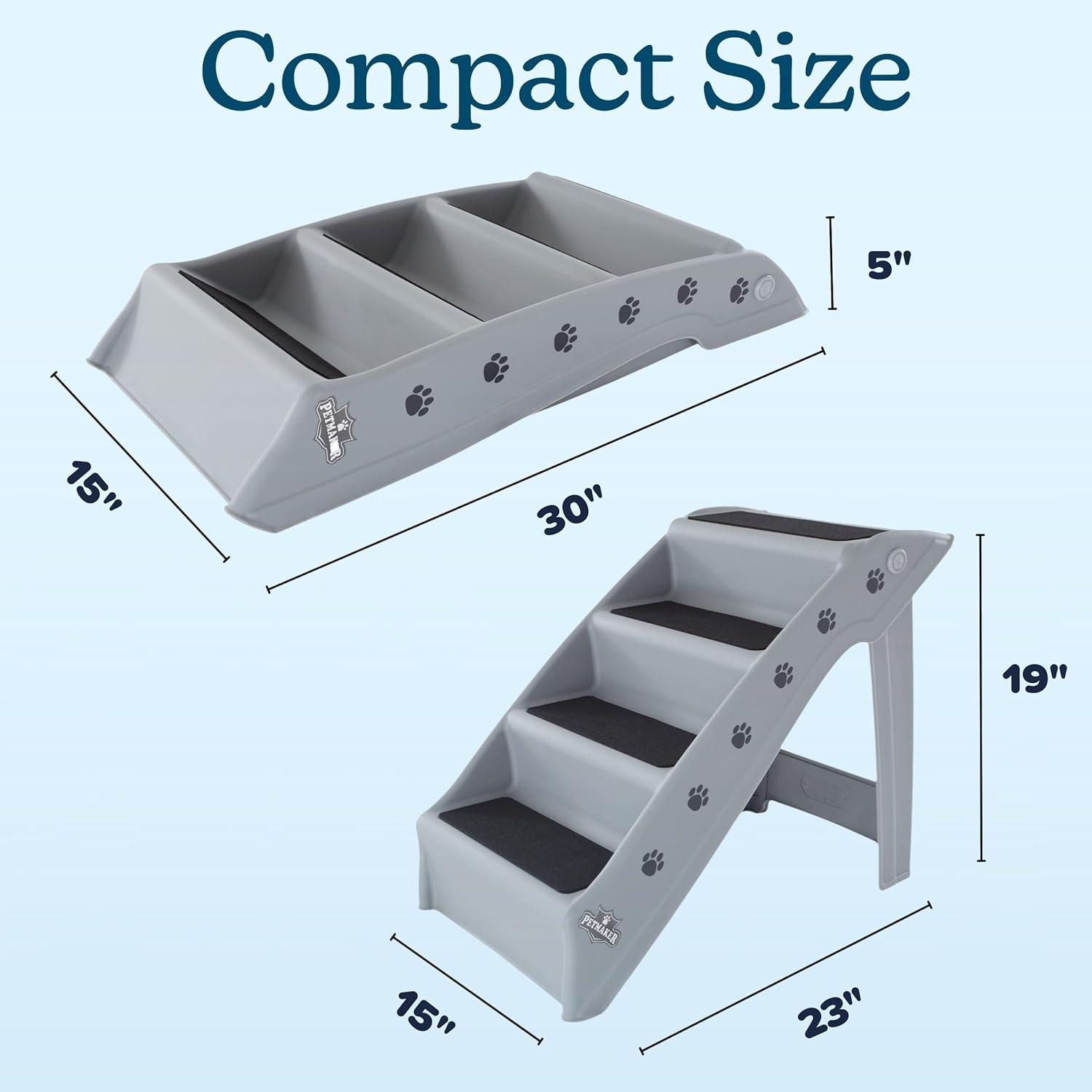 Folding Plastic Pet Stairs Durable Indoor or Outdoor 4 Step Design With Built-in Safety Features For Dogs Cats Home Travel by PETMAKER – Gray