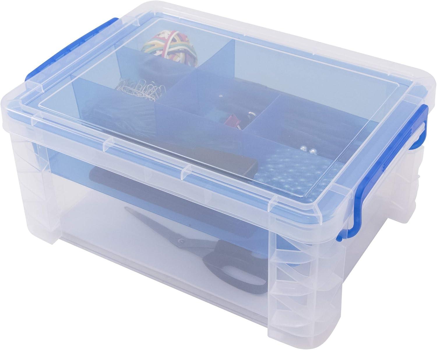 Advantus Super Stacker Divided Storage Box Clear w/Blue Tray/Handles 10.3 x 14.25x 6.5 37371