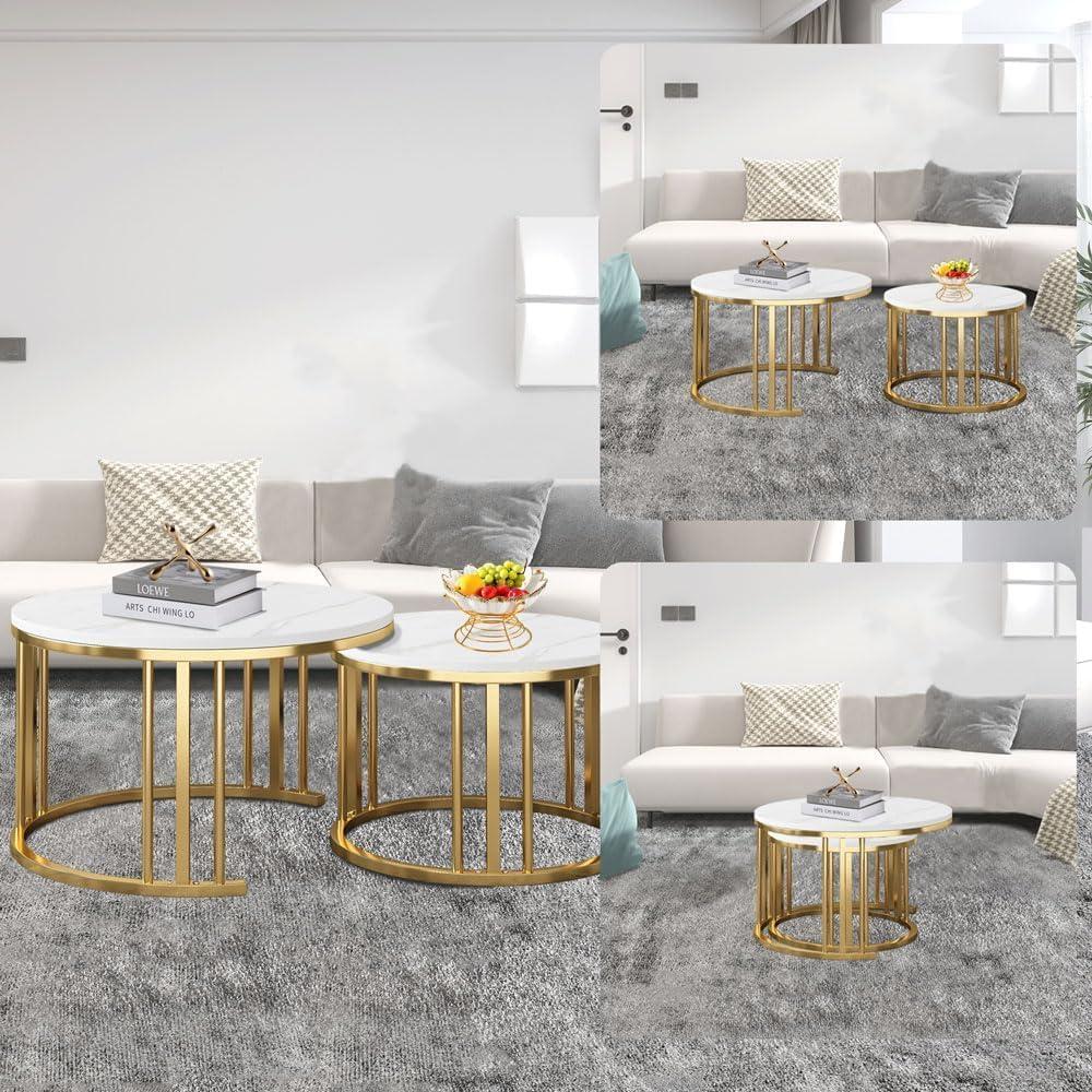 Round Nesting Coffee Table, Set of 2 Modern Coffee Table with Faux Marble Top, Gold Metal Frame White Nesting Table for Living Room, Apartment, Office (White + Gold)