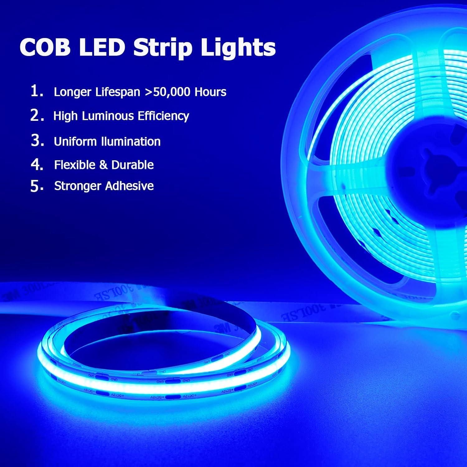 12V COB LED Strip Light Daylight White 5000K Waterproof IP65 480LEDs/M Super Bright 4000Lm CRI>90 16.4ft/5M Dotless High Density Cuttable Flexible for Cabinet Home DIY Lighting Projects