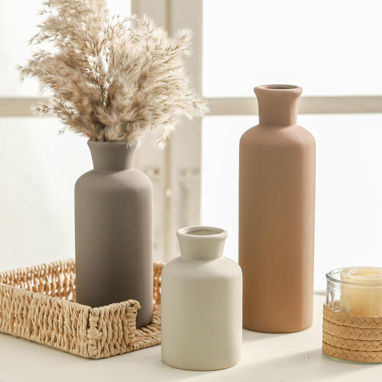 Lark Manor™ Set Of 3 Ceramic Vases, Modern Neutral Home Decor For Farmhouse, Rustic, Or Boho Style - Perfect For Fresh Or Dried Flowers, Table, Mantel, Shelf, Entryway, Living Room, Kitchen, Bathroom - Brown